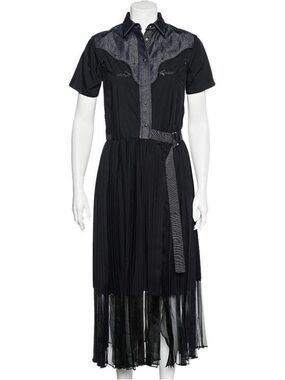 Sacai Indigo Denim & Poplin Pleated Wrap Maxi Dress